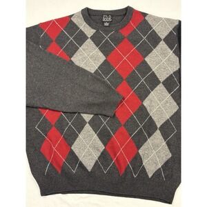 Jos A Bank Lambswool Argyle Crew Neck Sweater Charcoal/Red/Gray/Ivory XL EUC